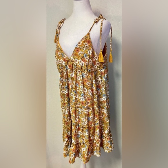 Mustard Yellow Floral Boho Minimalist Spring Summer Fully Lined Dress 
Size XL - Picture 4 of 7